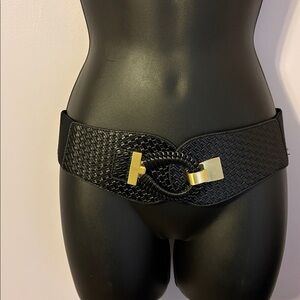 Basketweave Black Faux Leather Statement Elastic Back Belt With Gold Hook Loop